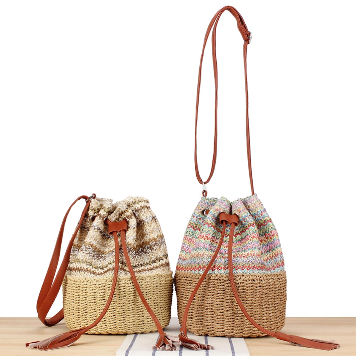 Natural Rainbow Striped Handmade Straw Crossbody Bucket Bag