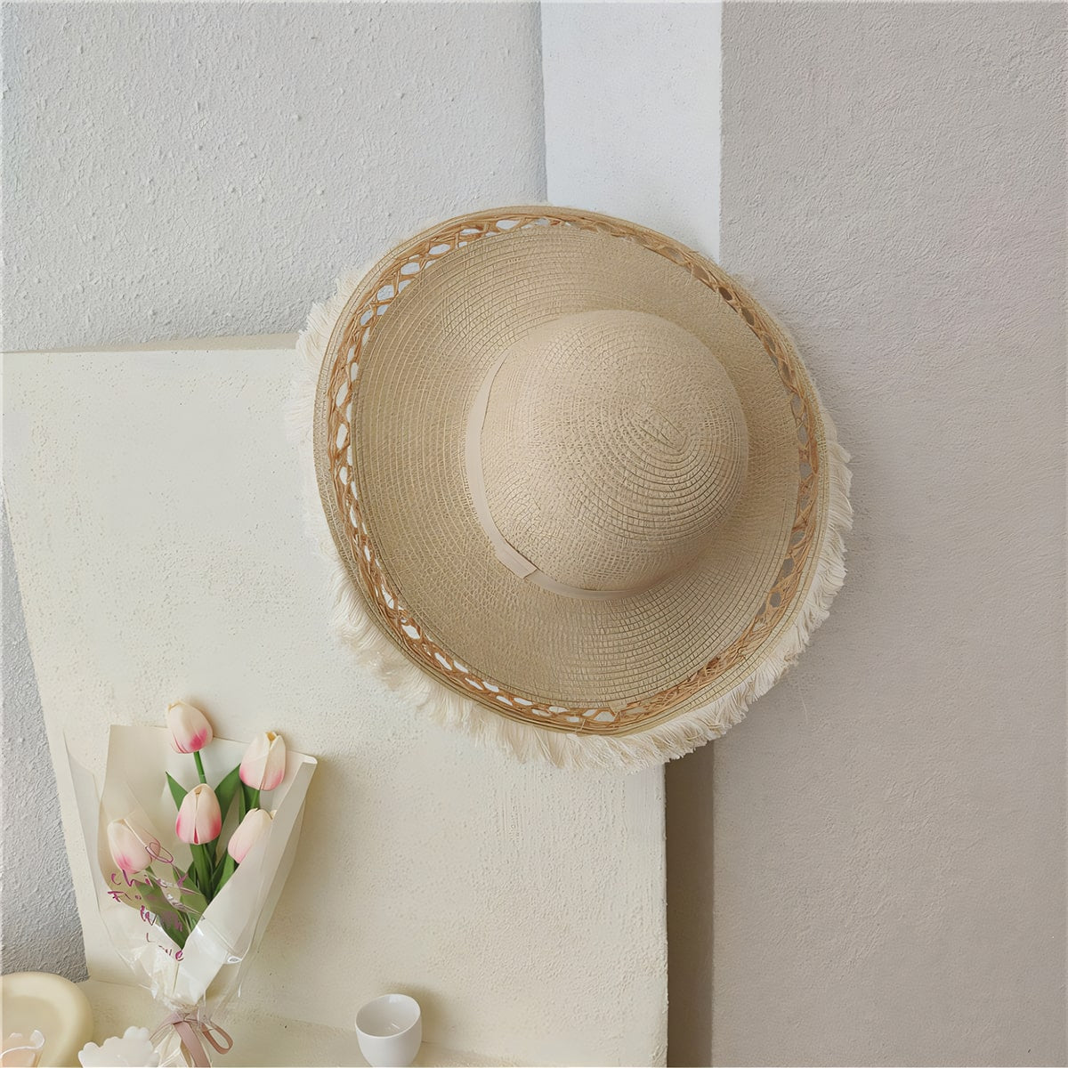 Ragged Edge Tassel-Trimmed Openwork Handcrafted Floppy Straw Hat-2yzshop