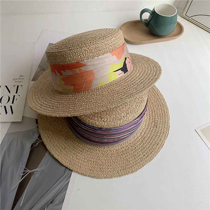 French-Style Colorful Satin Ribbon Natural Straw Panama Hat-2yzshop