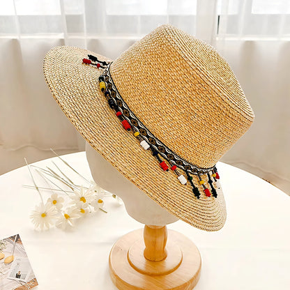 Ethnic Handcrafted Wooden Bead Tassel Panama Straw Hat-2yzshop