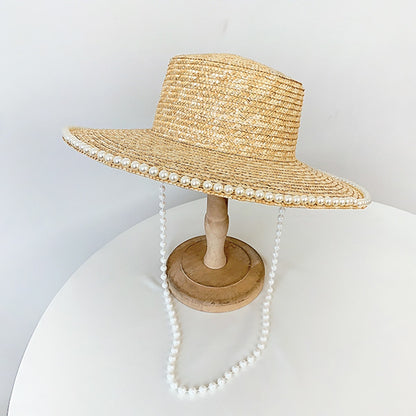 Summer Vacation Pearl-Chained Natural Straw Panama Hat-2yzshop