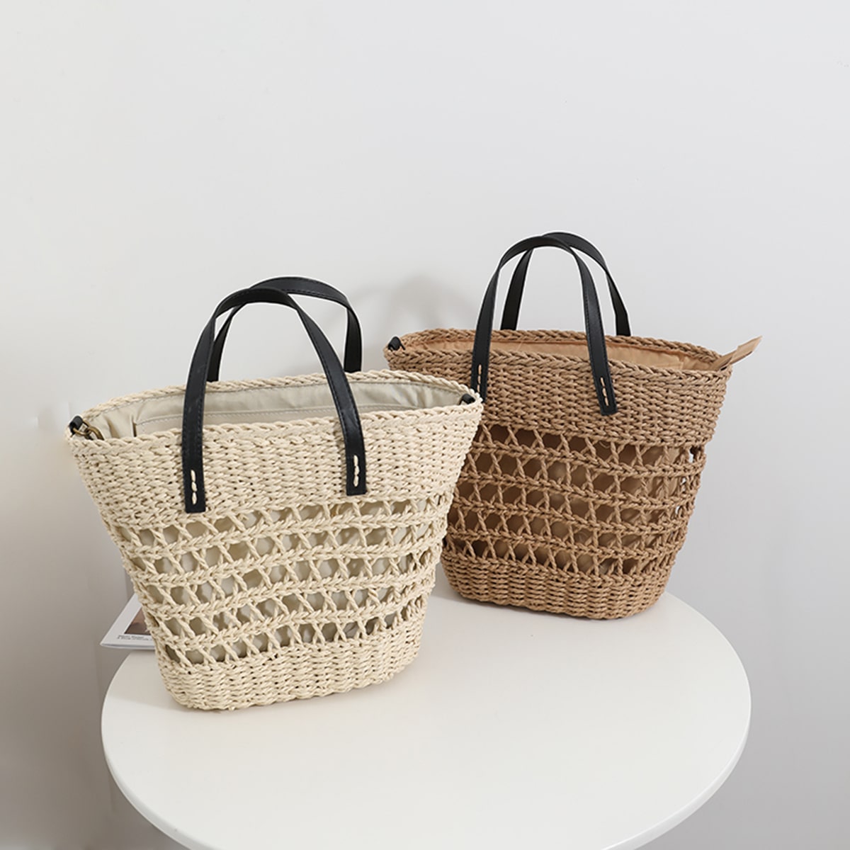 Leather-Strap Openwork Straw Handbag-2yzshop