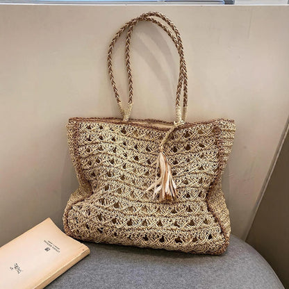 Square Tassel Openwork Straw Shoulder Bag-2yzshop