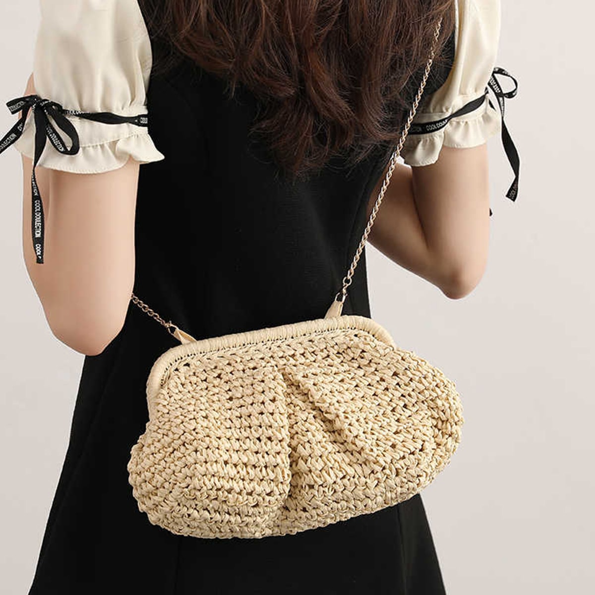 Natural Straw Beaded Handle Shoulder Bag-2yzshop