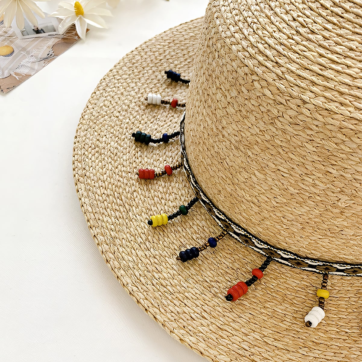 Ethnic Handcrafted Wooden Bead Tassel Panama Straw Hat-2yzshop