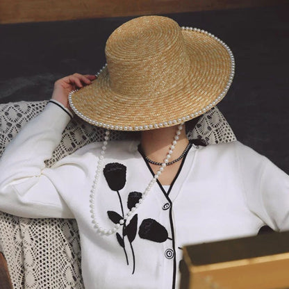 Summer Vacation Pearl-Chained Natural Straw Panama Hat-2yzshop