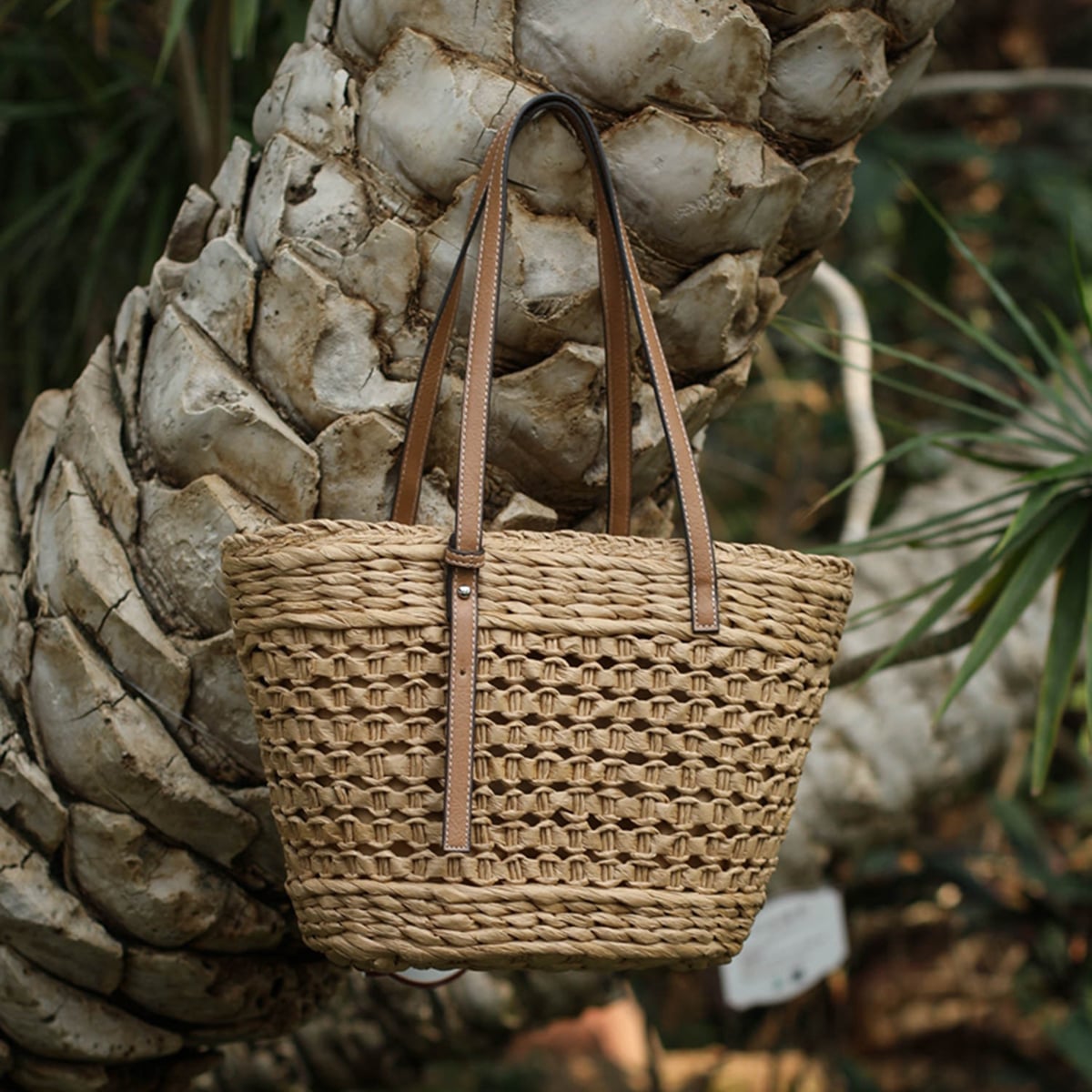 Classic Open-Weave Long Handle Handmade Straw Tote Bag