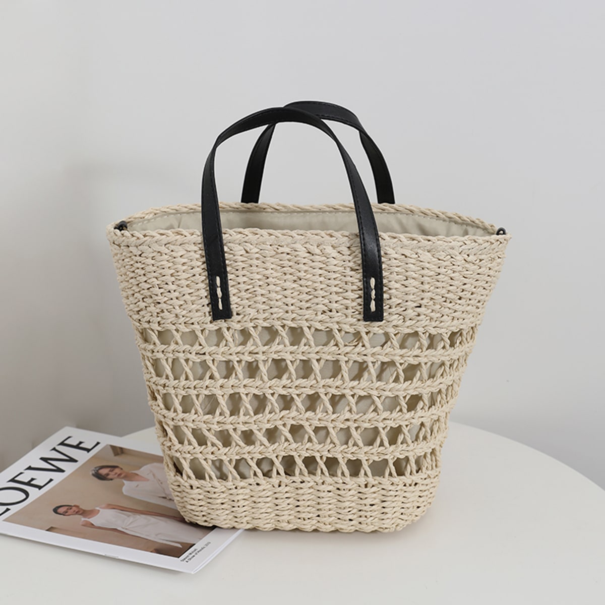 Leather-Strap Openwork Straw Handbag-2yzshop