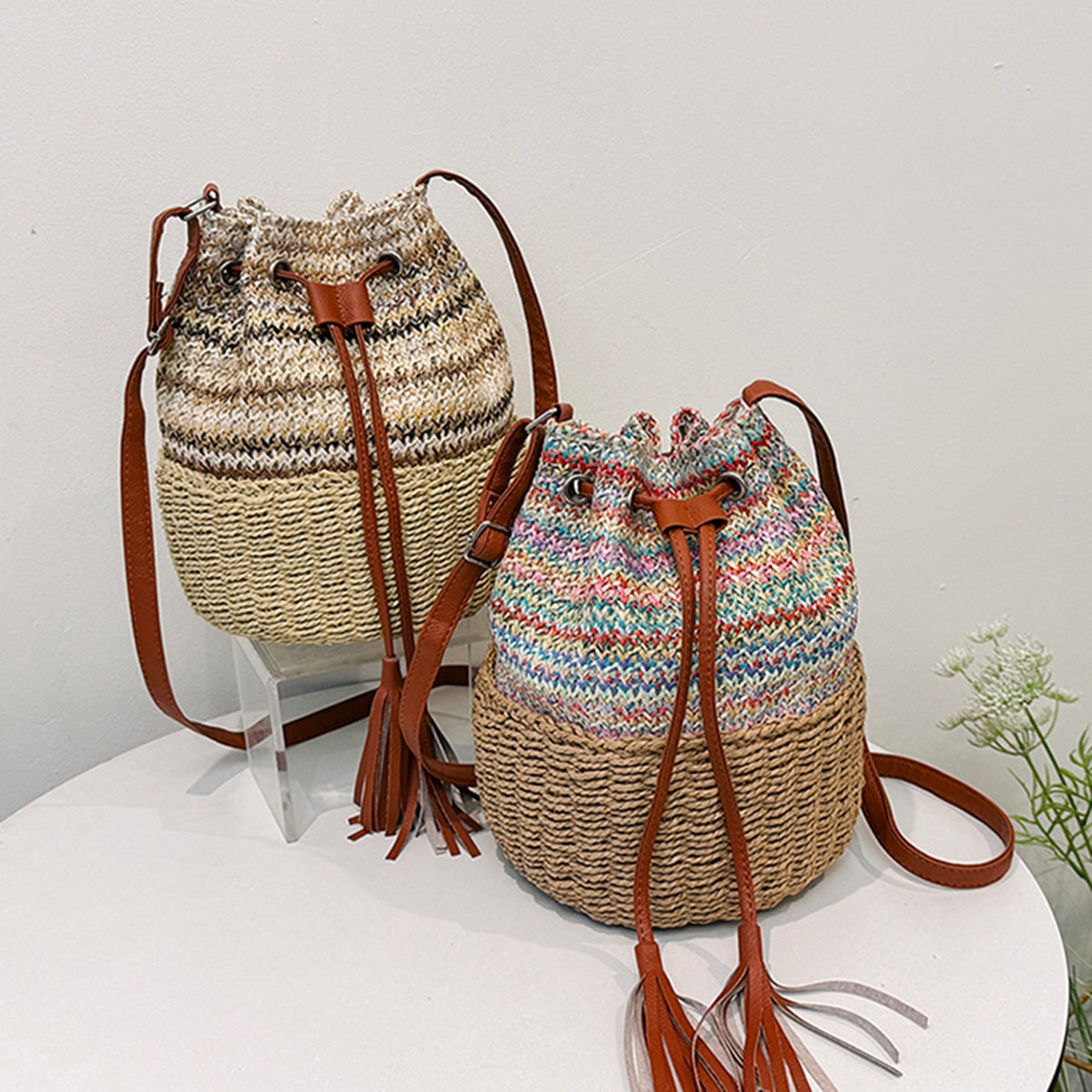 Natural Rainbow Striped Handmade Straw Crossbody Bucket Bag