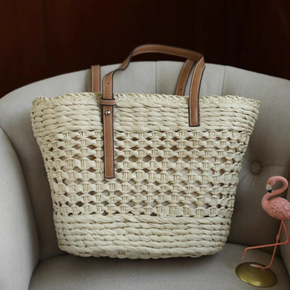 Classic Open-Weave Long Handle Handmade Straw Tote Bag