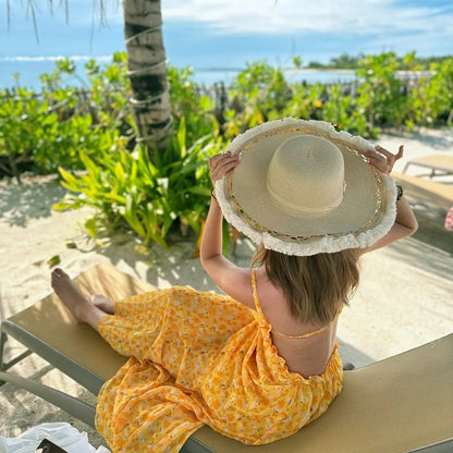 Ragged Edge Tassel-Trimmed Openwork Handcrafted Floppy Straw Hat-2yzshop