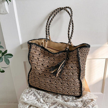 Square Tassel Openwork Straw Shoulder Bag-2yzshop