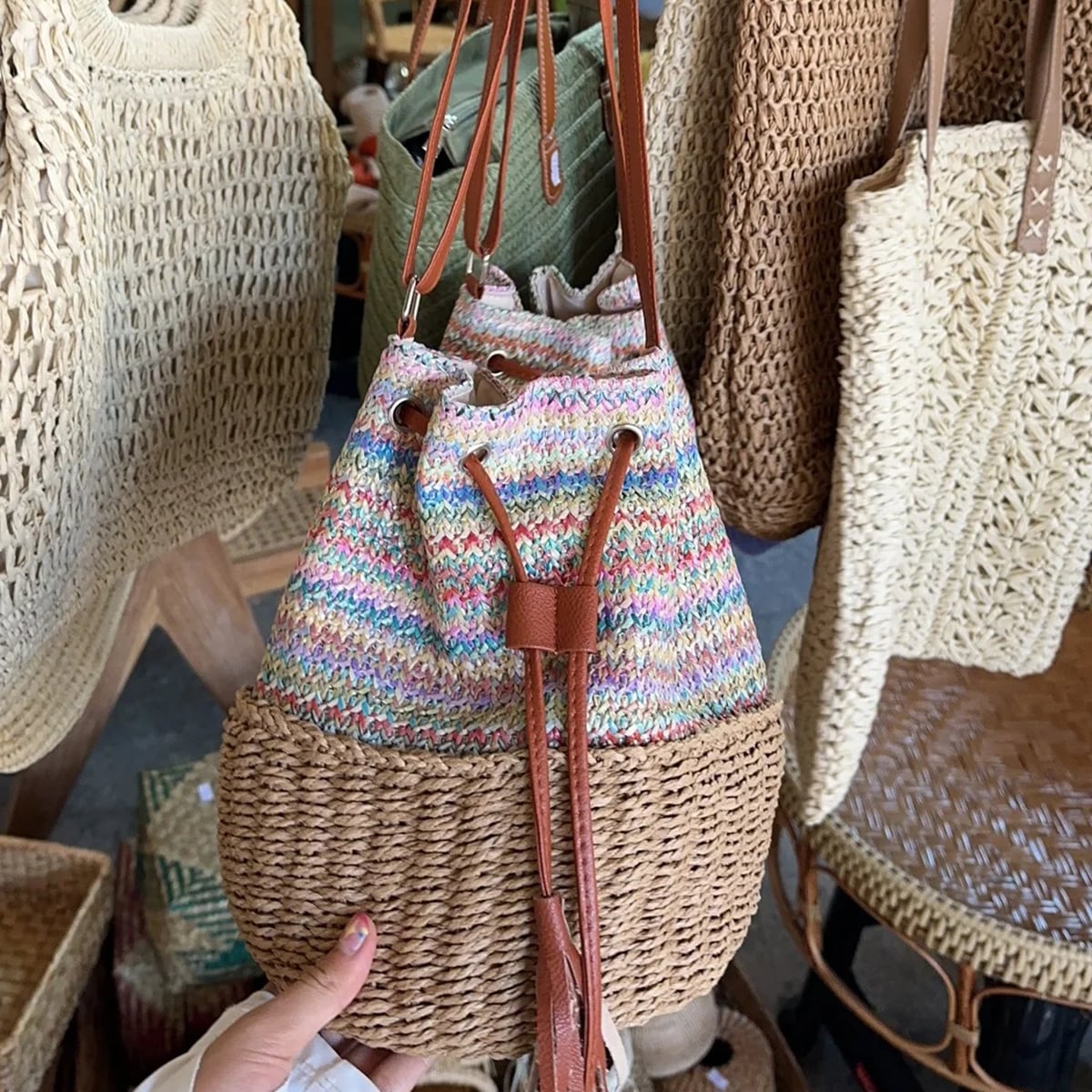 Natural Rainbow Striped Handmade Straw Crossbody Bucket Bag