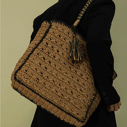 Square Tassel Openwork Straw Shoulder Bag-2yzshop