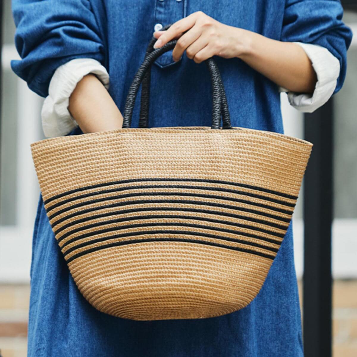 Striped Straw Large-Capacity Tote Bag-2yzshop