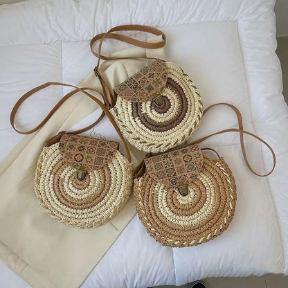 Ethnic Style Round Straw Crossbody Bag-2yzshop