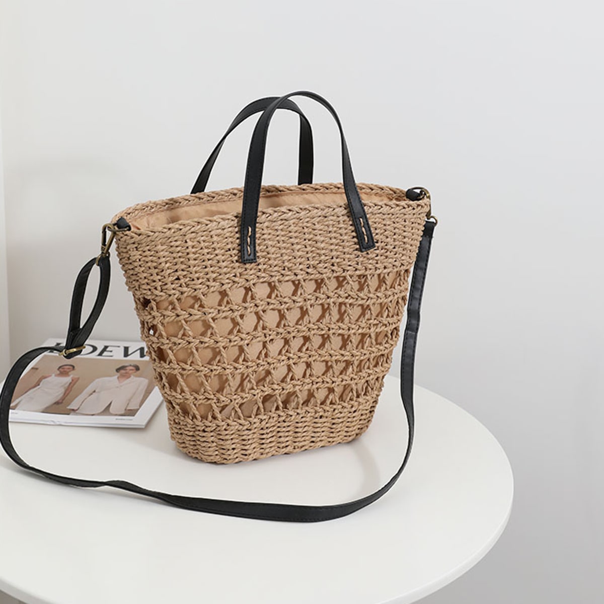 Leather-Strap Openwork Straw Handbag-2yzshop