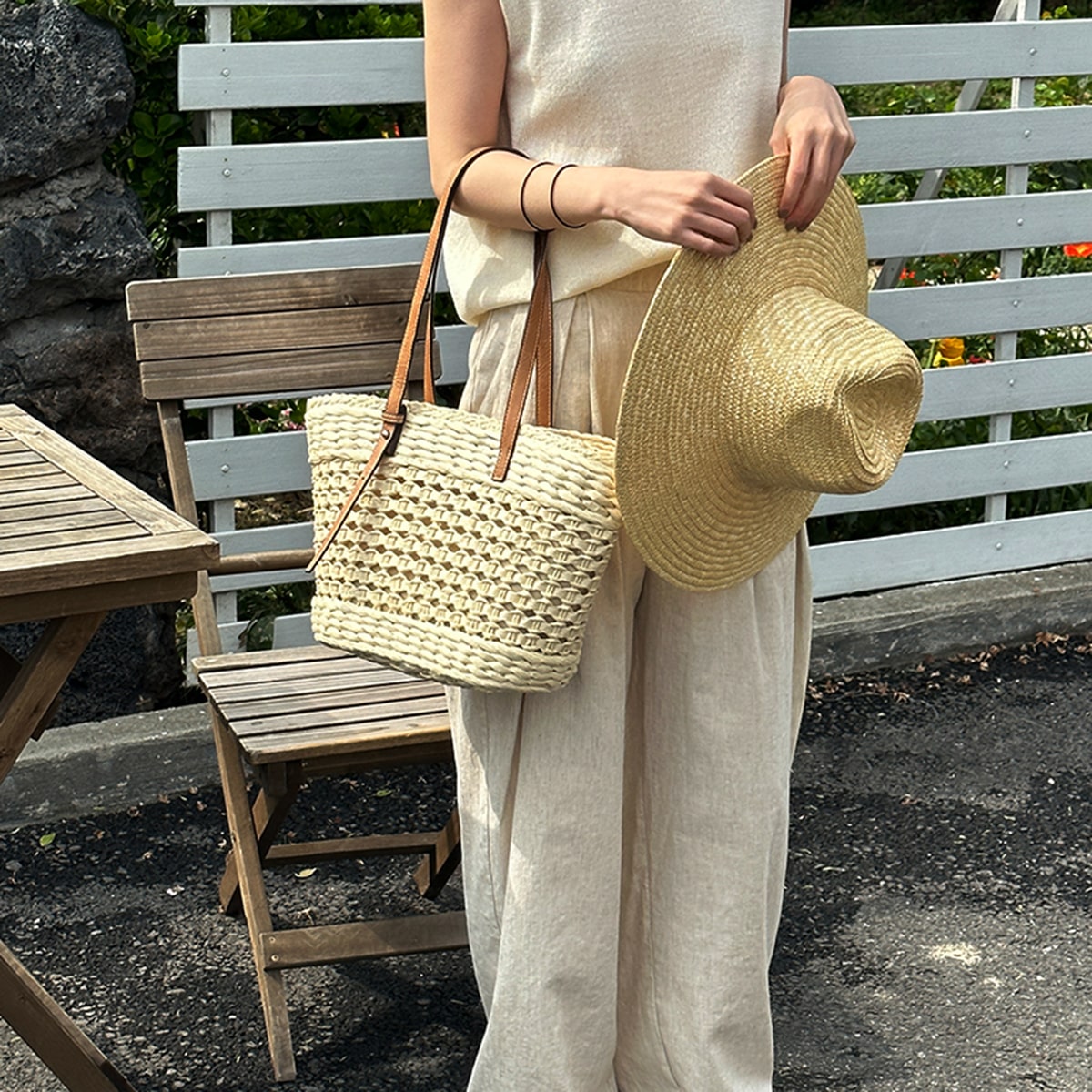 Classic Open-Weave Long Handle Handmade Straw Tote Bag