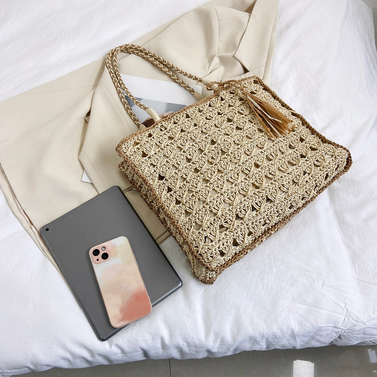 Square Tassel Openwork Straw Shoulder Bag-2yzshop