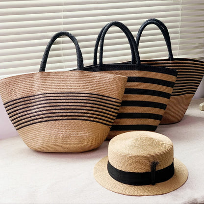 Striped Straw Large-Capacity Tote Bag-2yzshop