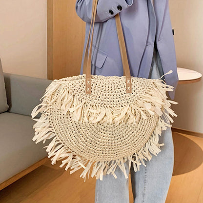 Semi-Circular Tassel Straw Tote Bag