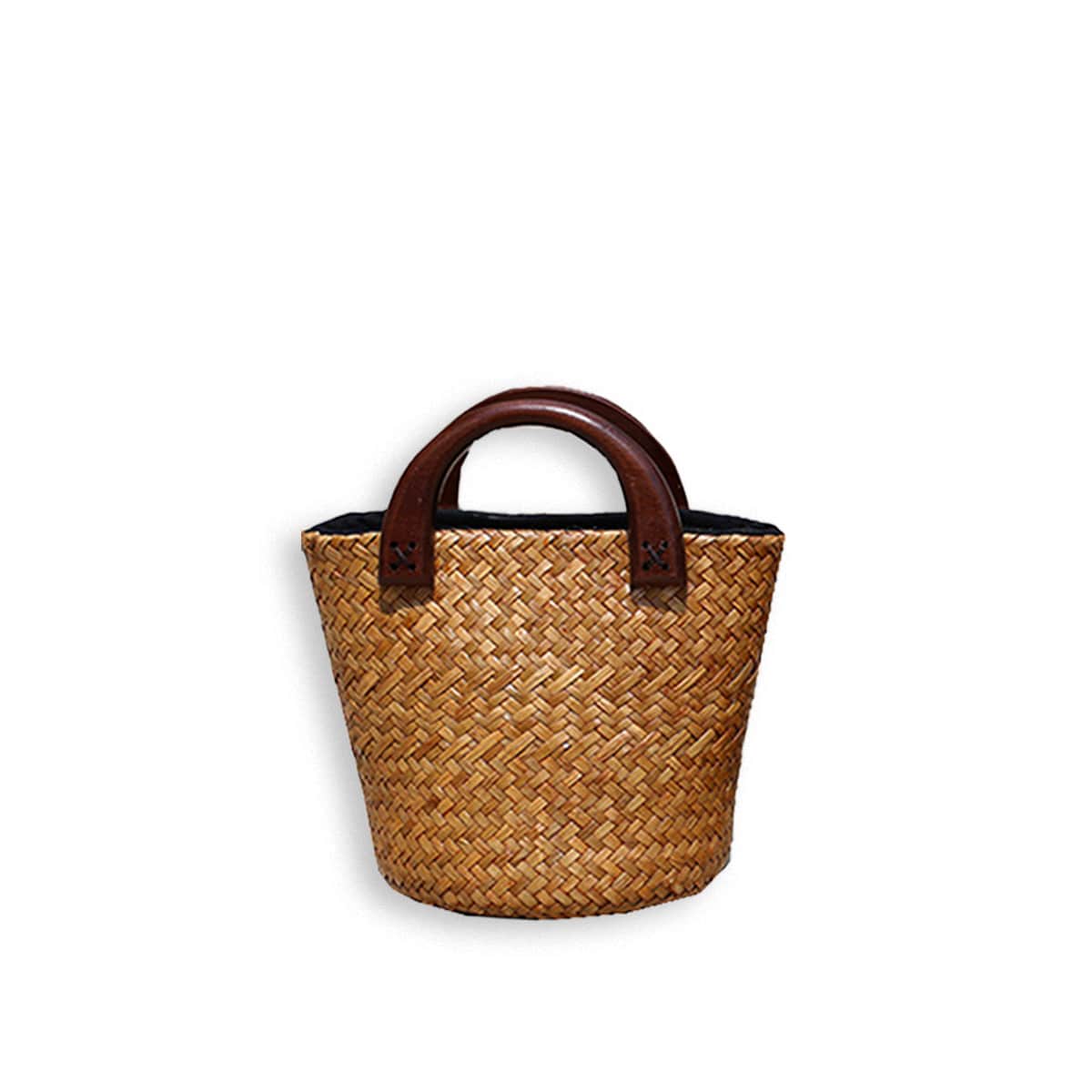 Wooden-Handled Bucket Wicker Tote Bag-2yzshop