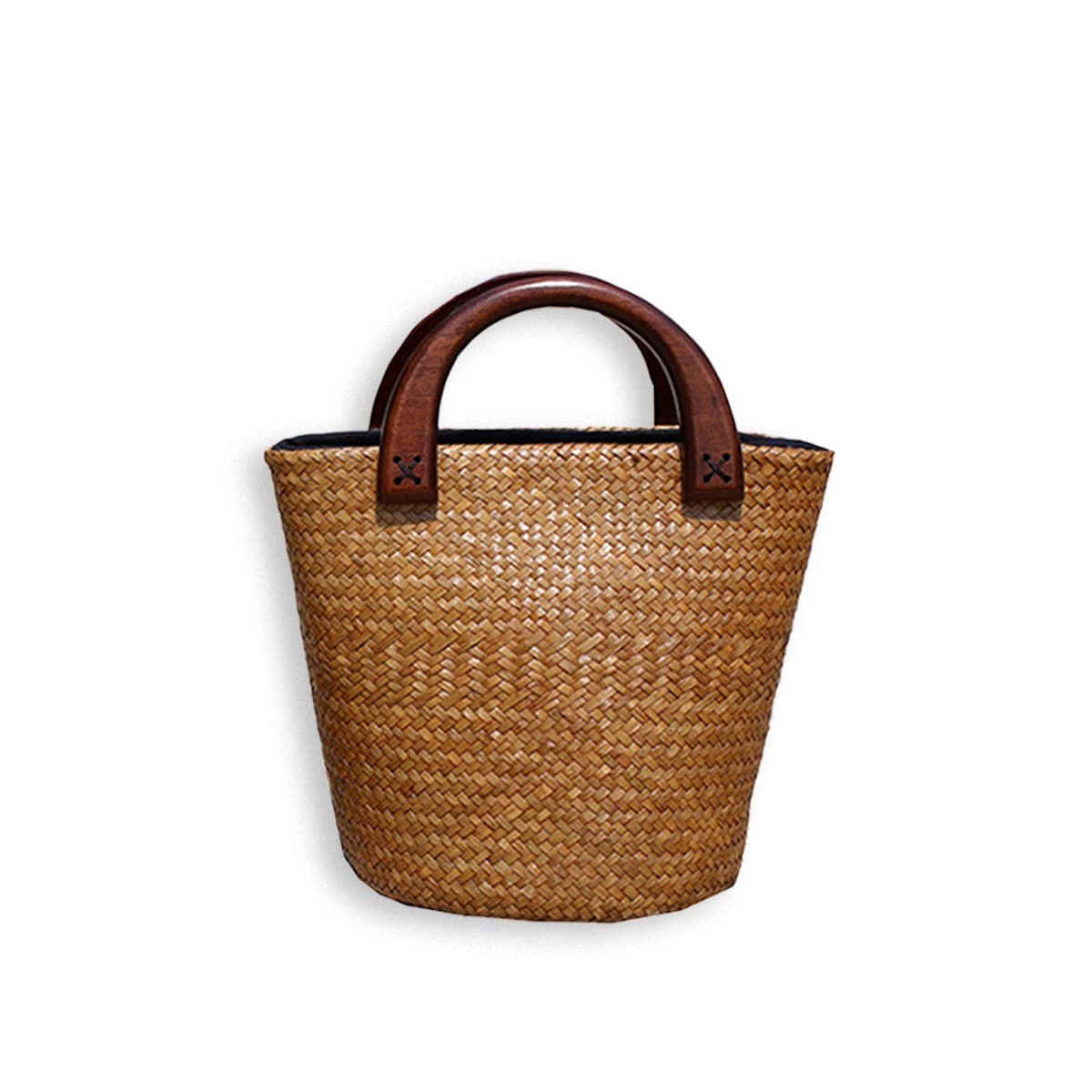 Wooden-Handled Bucket Wicker Tote Bag-2yzshop